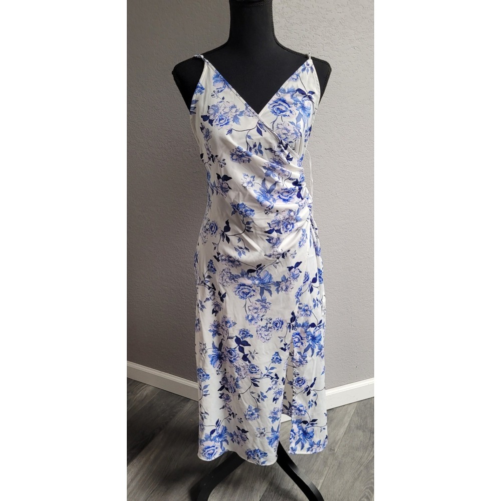 Urban Outfitters Lily Satin Wrap Midi Dress Blue White Floral Slit Women's M